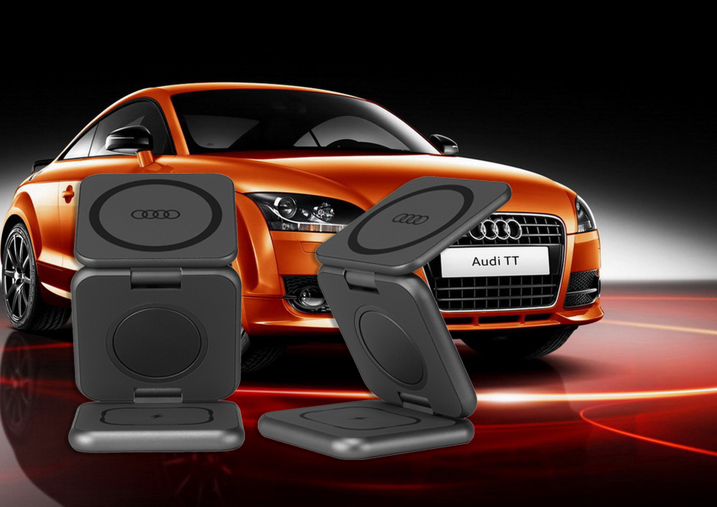 Audi 3-in-1 belaidis įkroviklis, sulankstomas, pilkos spalvos, Big Logo AU-MWC3IN1-GT/D1-GY aprašymas - Prekės nuotrauka