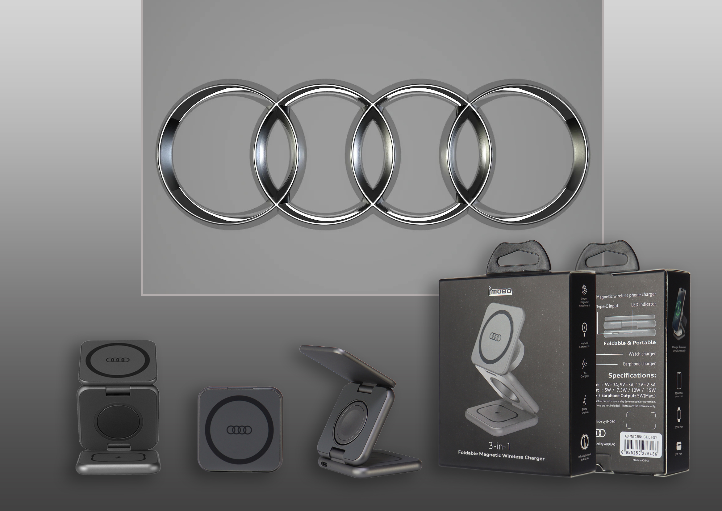 Audi 3-in-1 belaidis įkroviklis, sulankstomas, pilkos spalvos, Big Logo AU-MWC3IN1-GT/D1-GY aprašymas - Prekės nuotrauka