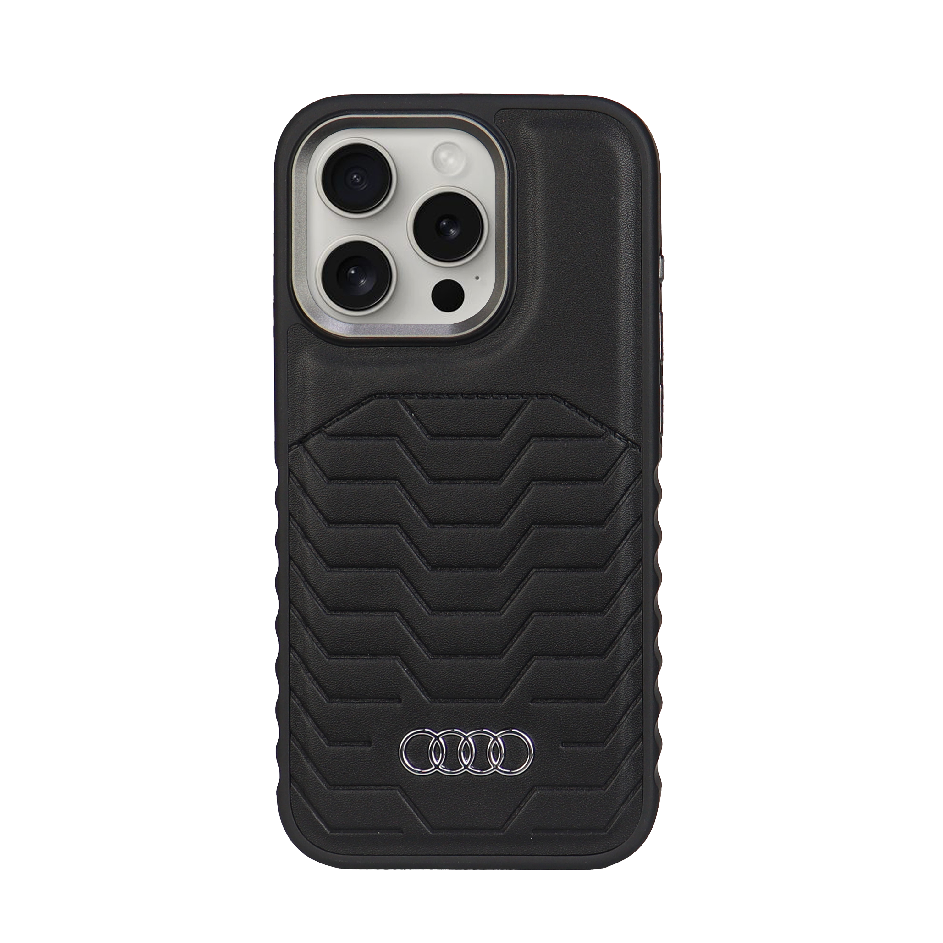 Audi dirbtinės odos MagSafe iPhone 15 / 14 / 13 6.1″ juodos spalvos kietas dėklas AU-TPUPCMIP15-GT/D3-BK aprašymas - Prekės nuotrauka