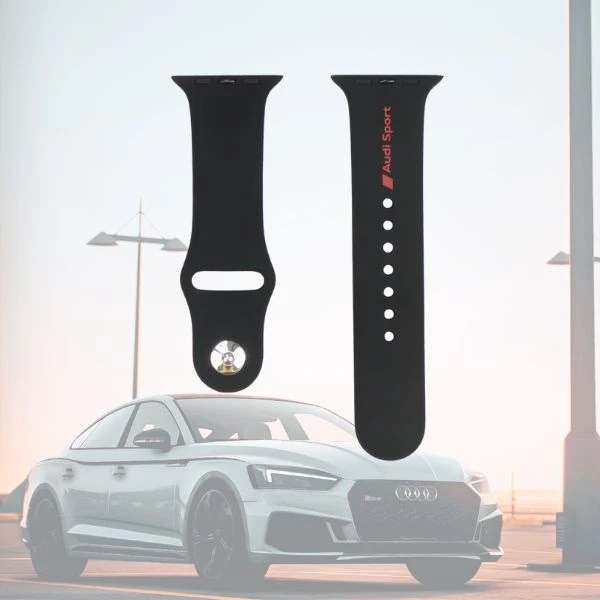 Audi Sport Raudona Logo Silicone Watch Strap for Apple Watch 44 / 45 / 46 / 49 mm - juodas aprašymas - Prekės nuotrauka