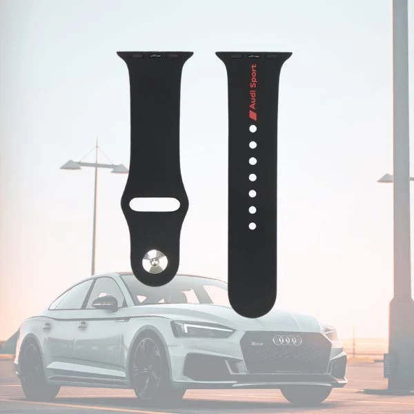 Audi Sport Raudona Logo Silicone Watch Strap for Apple Watch 40 / 41 / 42 mm - juodas aprašymas - Prekės nuotrauka
