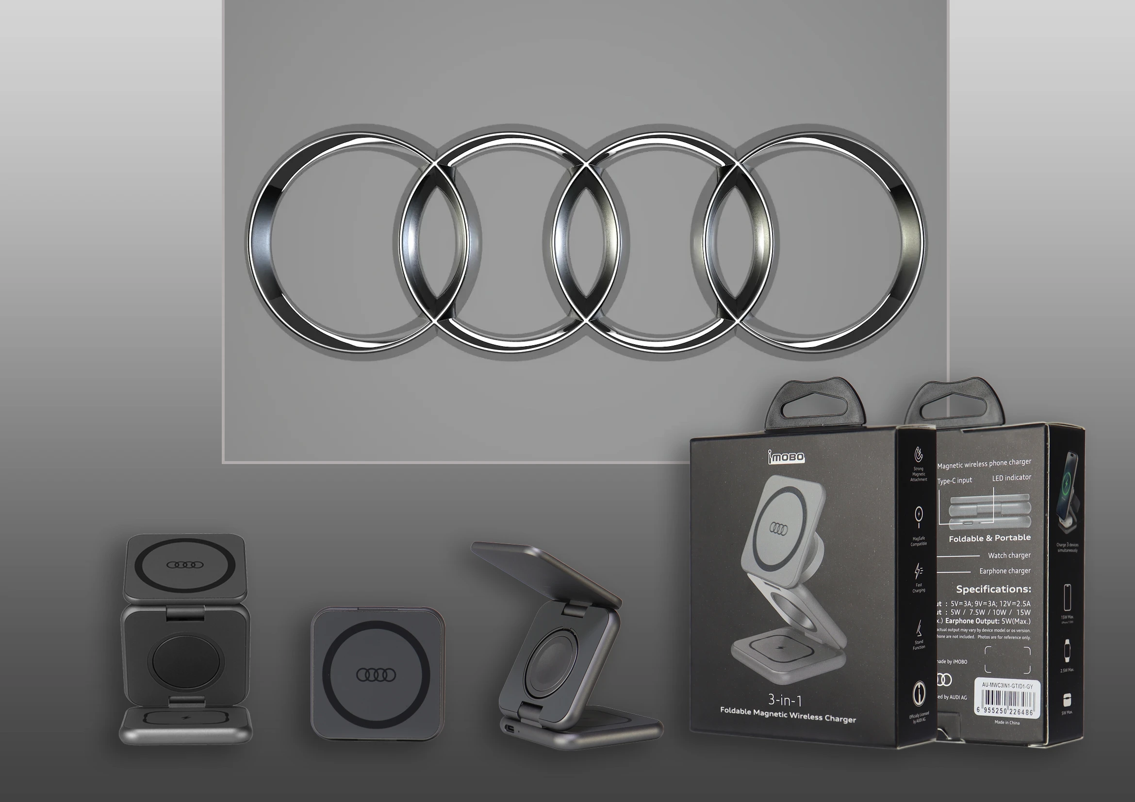Audi sulankstomas belaidis įkroviklis 3in1 pilkos spalvos Big Logo AU-MWC3IN1-GT/D1-GY aprašymas - Prekės nuotrauka Audi sulankstomas belaidis įkroviklis 3in1 pilkos spalvos Big Logo AU-MWC3IN1-GT/D1-GY aprašymas - Prekės nuotrauka