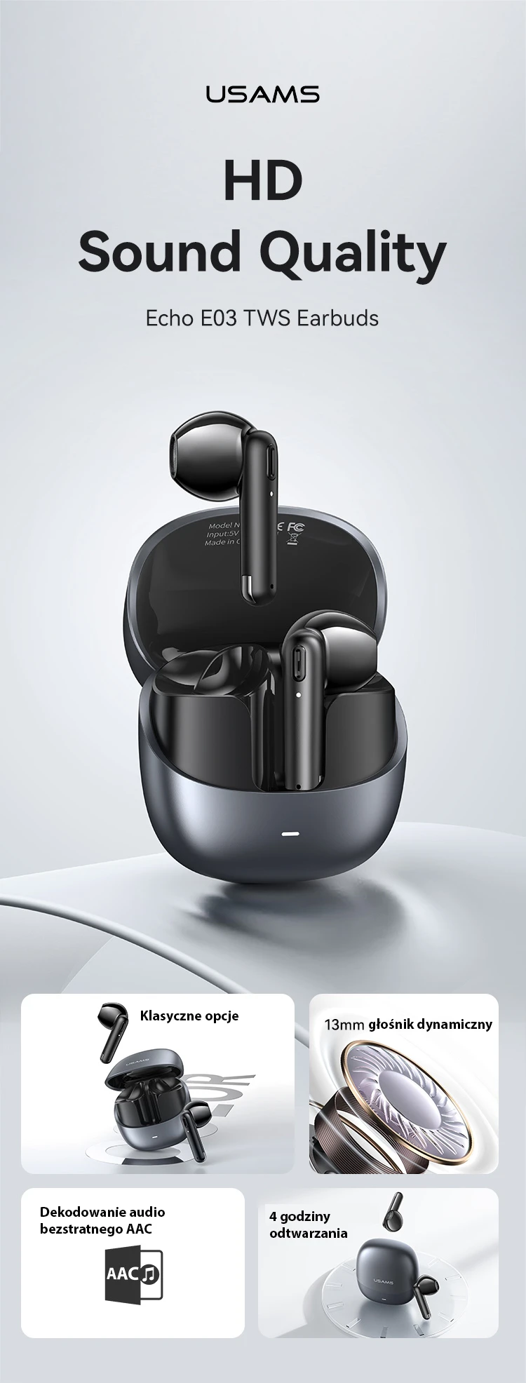 Ausinės Bluetooth USAMS Echo E03 TWS belaidės aprašymas - Prekės nuotrauka