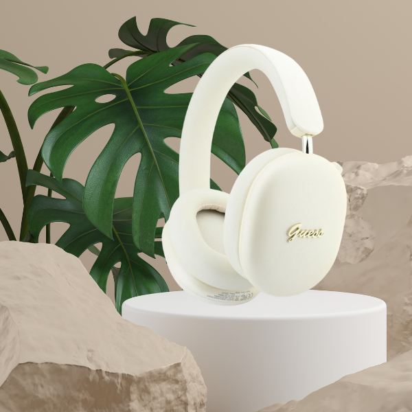 Ausinės Guess Metallic Effect Metal Script Logo Bluetooth ENC smėlio spalvos aprašymas - Prekės nuotrauka