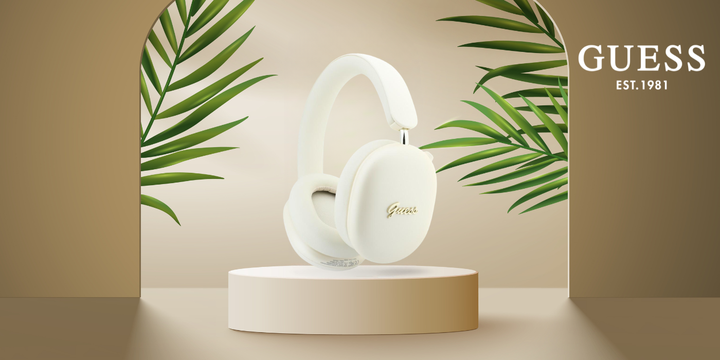 Ausinės Guess Metallic Effect Metal Script Logo Bluetooth ENC smėlio spalvos aprašymas - Prekės nuotrauka