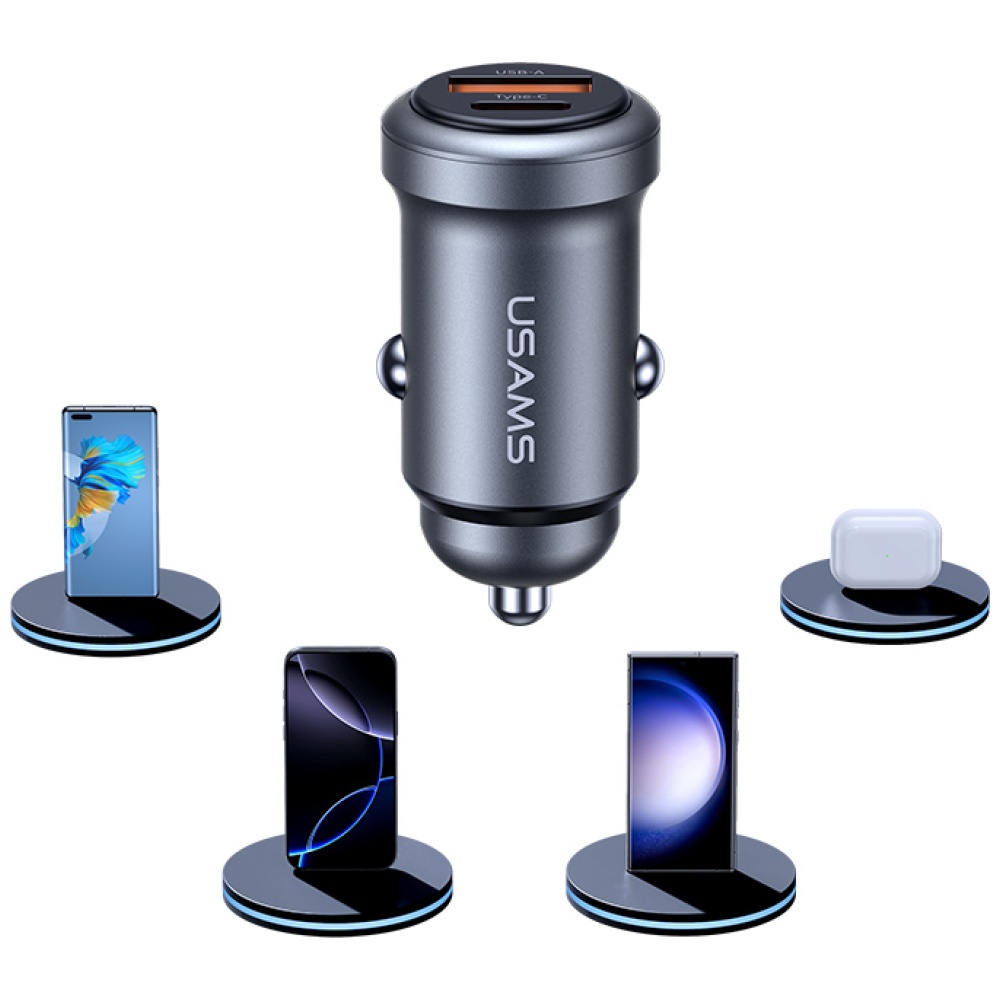 Automobilinis įkroviklis USAMS CC322 30W 1xUSB-A 1xUSB-C tarnish aprašymas - Prekės nuotrauka Automobilinis įkroviklis USAMS CC322 30W 1xUSB-A 1xUSB-C tarnish aprašymas - Prekės nuotrauka