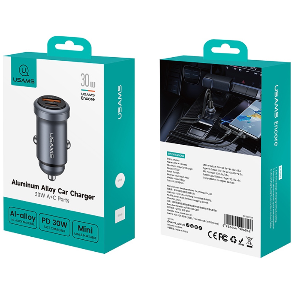 Automobilinis įkroviklis USAMS CC322 30W 1xUSB-A 1xUSB-C tarnish aprašymas - Prekės nuotrauka Automobilinis įkroviklis USAMS CC322 30W 1xUSB-A 1xUSB-C tarnish aprašymas - Prekės nuotrauka