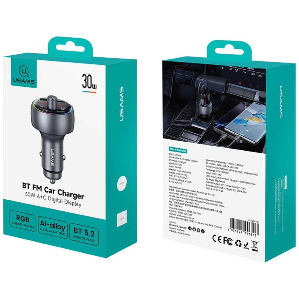 Automobilinis įkroviklis USAMS CC328 30W 1xUSB-A 1xUSB-C Bluetooth FM tarnish aprašymas - Prekės nuotrauka Automobilinis įkroviklis USAMS CC328 30W 1xUSB-A 1xUSB-C Bluetooth FM tarnish aprašymas - Prekės nuotrauka