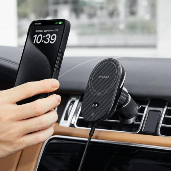 Automobilinis laikiklis su belaidžiu įkrovikliu PITAKA MagEZ Pro 2 Qi2 15W NFC MagSafe juodos spalvos pilkos spalvos aprašymas - Prekės nuotrauka