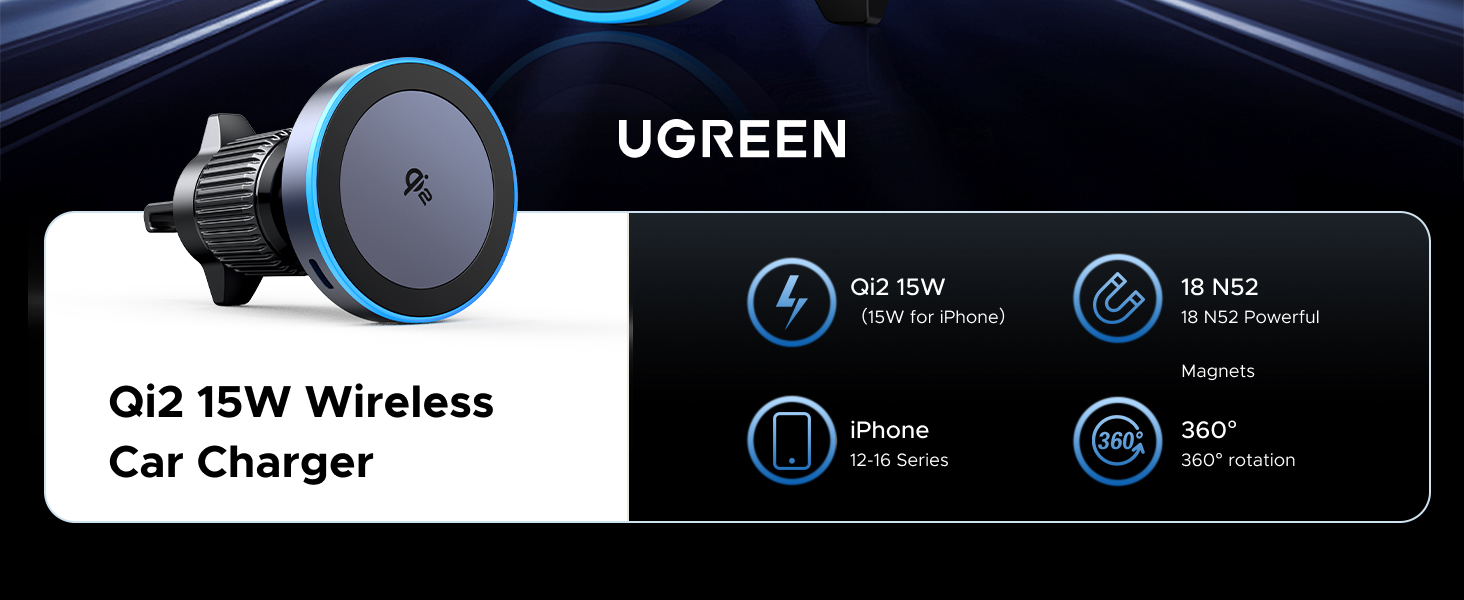 Ugreen Automobilinis magnetinis telefono laikiklis su belaidžiu Qi2 įkrovimu 15W, pilkas aprašymas - Prekės nuotrauka