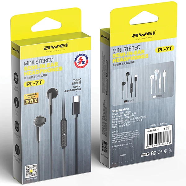 AWEI ausinės stereo PC-7T USB-C 1.2m juodos spalvos aprašymas - Prekės nuotrauka