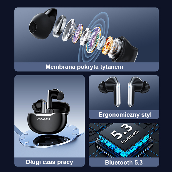 AWEI Bluetooth 5.3 T50 TWS ausinės + įkrovimo stotelė, juodos spalvos aprašymas - Prekės nuotrauka