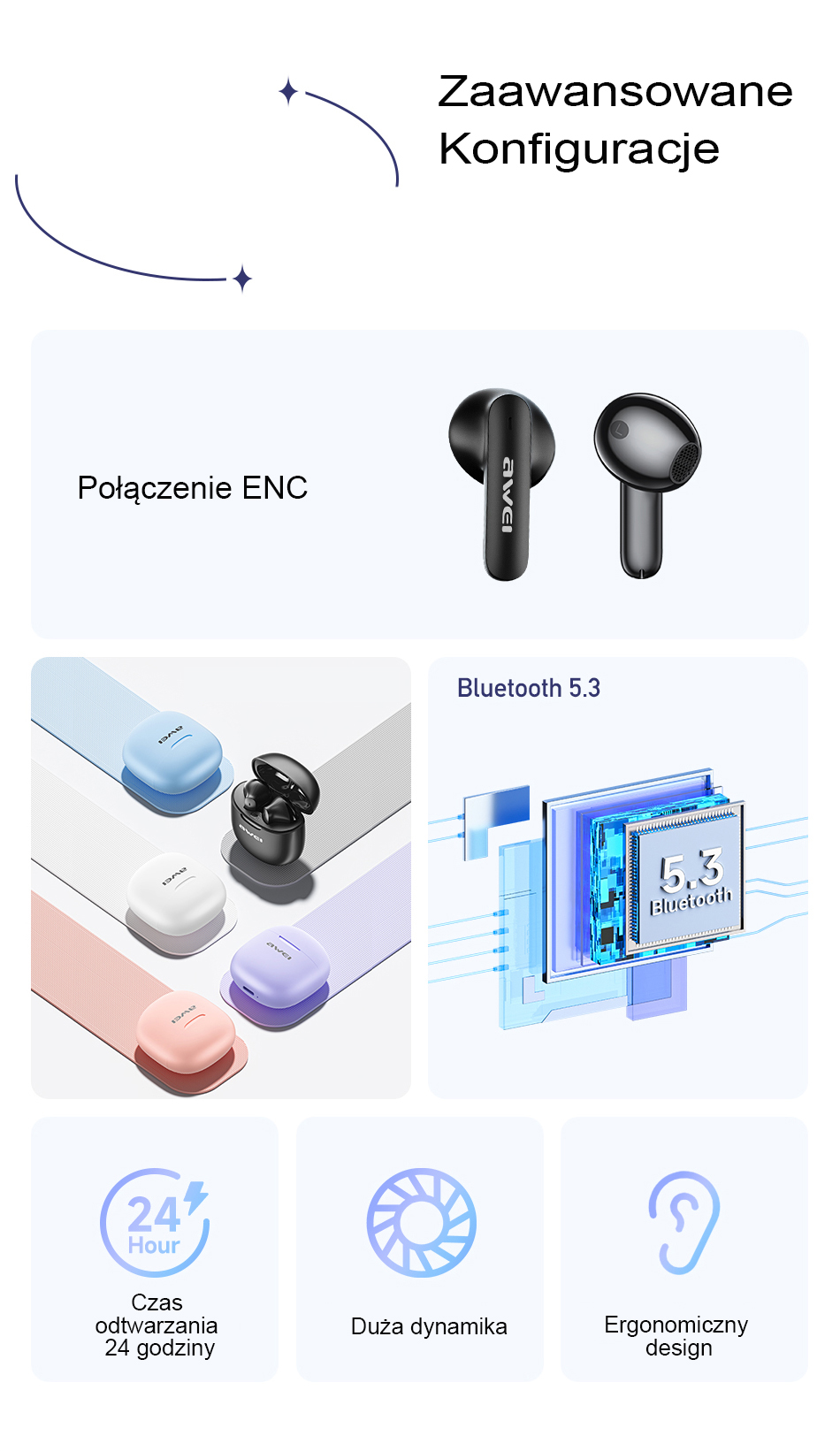 AWEI Bluetooth 5.3 T68 ENCTWS ausinės + docking station baltos spalvos aprašymas - Prekės nuotrauka