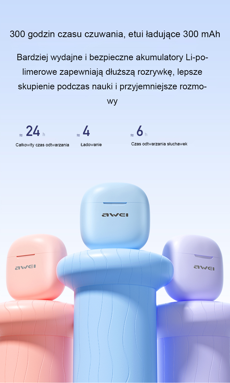AWEI Bluetooth 5.3 T68 ENCTWS ausinės + docking station baltos spalvos aprašymas - Prekės nuotrauka