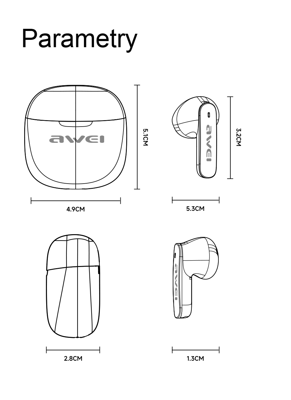 AWEI Bluetooth 5.3 T68 ENCTWS ausinės + docking station baltos spalvos aprašymas - Prekės nuotrauka