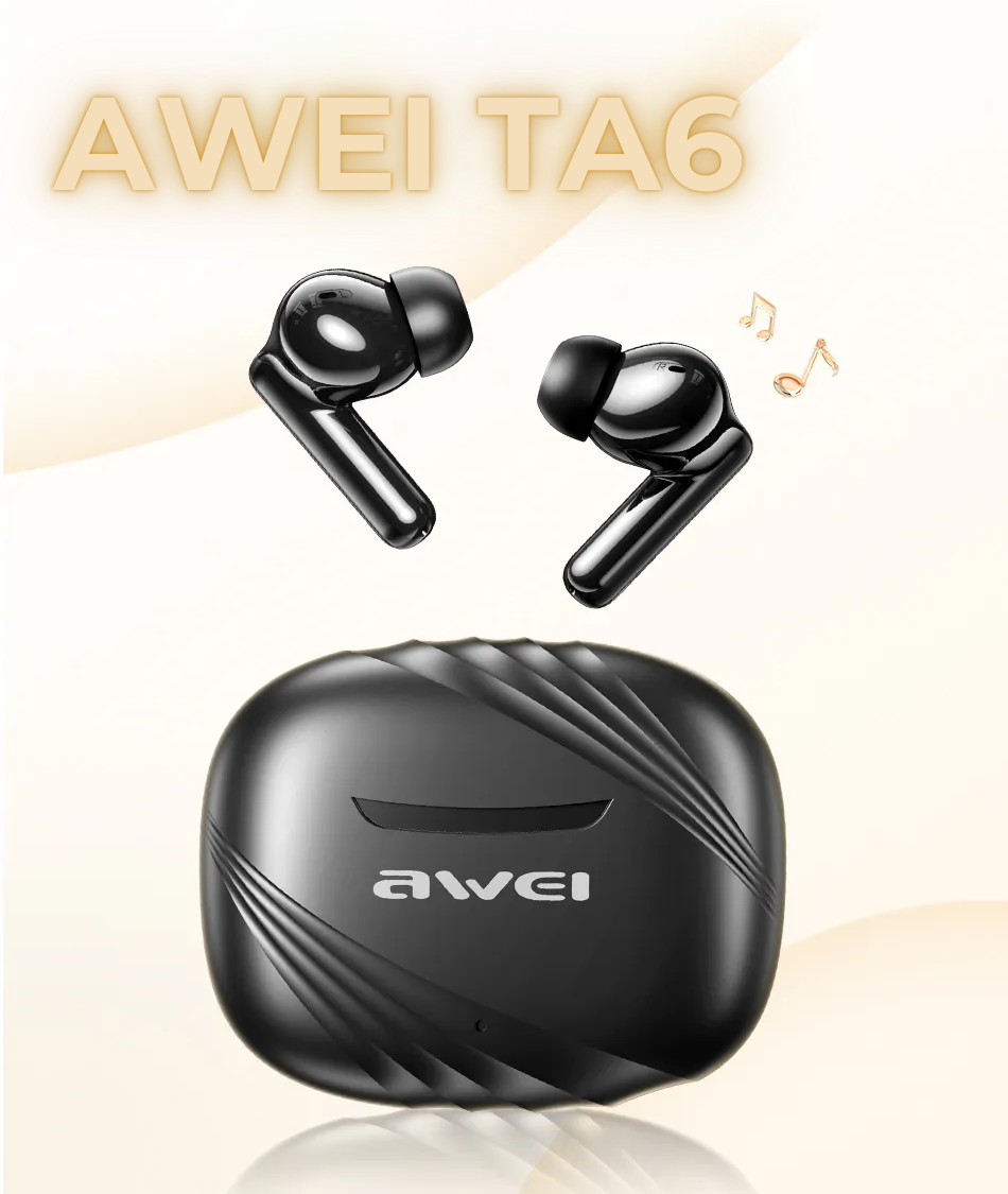 AWEI Bluetooth ausinės 5.3 TA6 ANC+ su įkrovimo dėklu, juodos spalvos aprašymas - Prekės nuotrauka