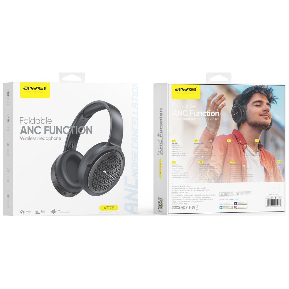 AWEI Bluetooth ausinės AT78 ANC juodos spalvos aprašymas - Prekės nuotrauka