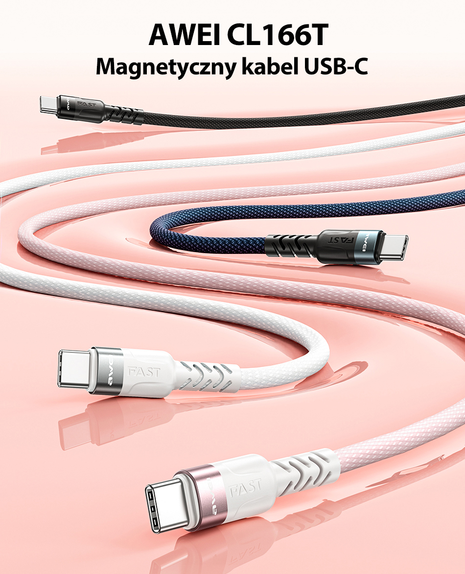 AWEI CL-166T USB-C į USB-C magnetinis laidas, juodos spalvos aprašymas - Prekės nuotrauka