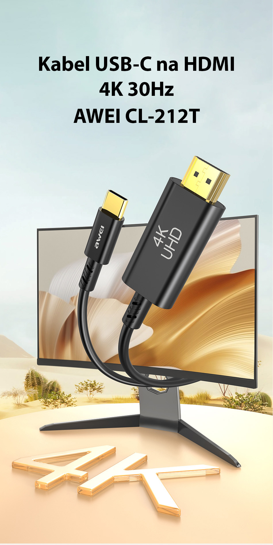 AWEI CL-212T USB-C į HDMI 4K 30Hz laidas, juodos spalvos aprašymas - Prekės nuotrauka