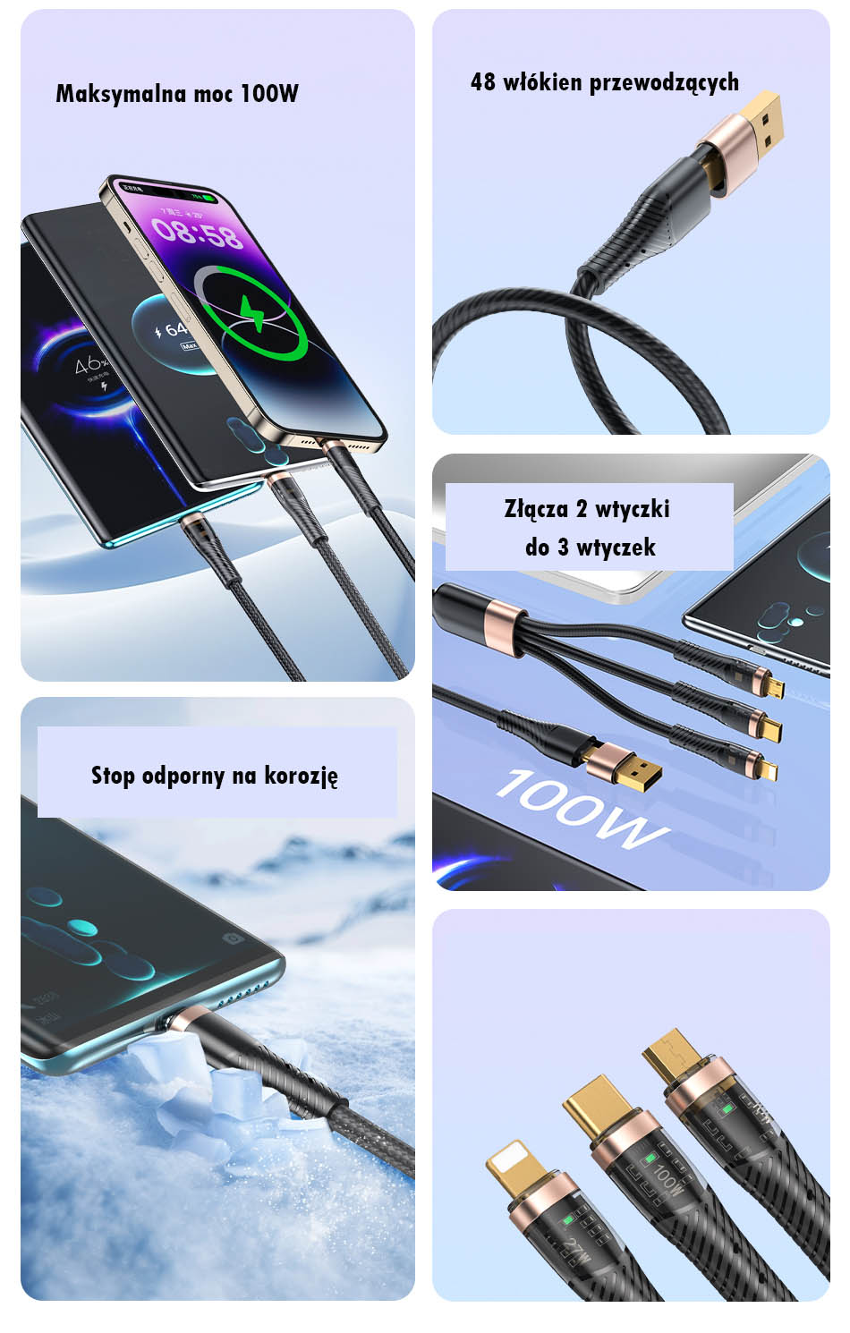 AWEI CL-228 USB-C/Lightning/Micro 3-in-1 laidas, juodos spalvos aprašymas - Prekės nuotrauka