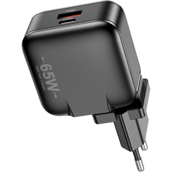 AWEI įkroviklis PD55-EU 65W USB + USB-C juodos spalvos GaN aprašymas - Prekės nuotrauka