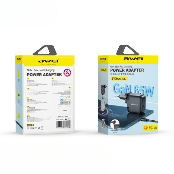 AWEI įkroviklis PD55-EU 65W USB + USB-C juodos spalvos GaN aprašymas - Prekės nuotrauka