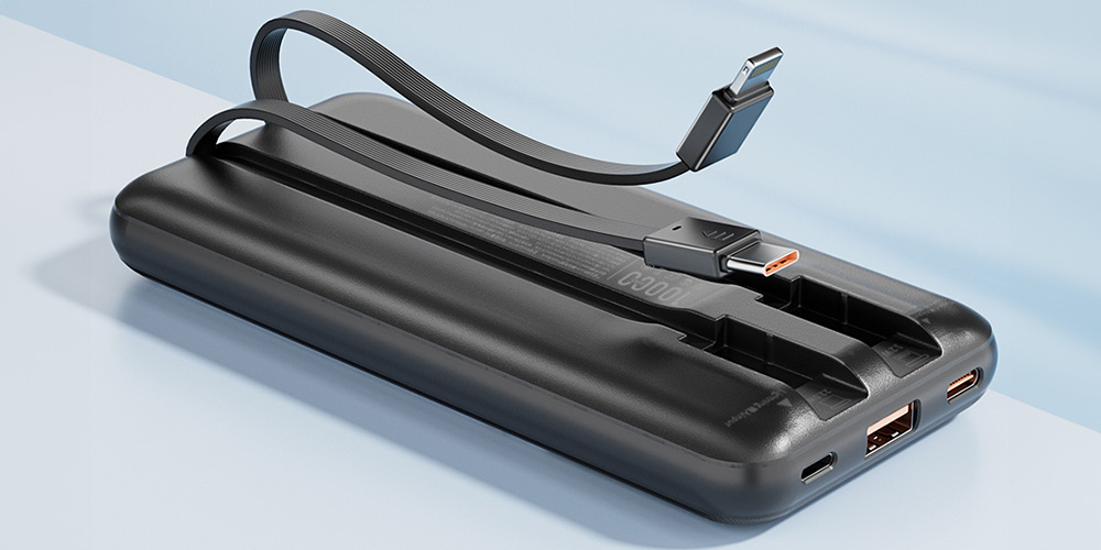 AWEI išorinė baterija su integruotu Lightning/USB-C laidu P77K 10000mAh juodos spalvos 22.5W aprašymas - Prekės nuotrauka