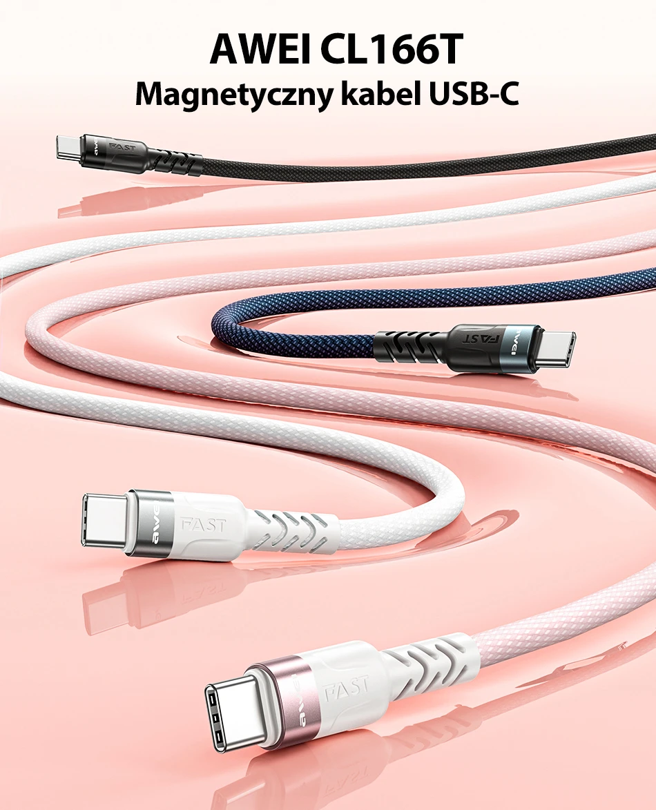 AWEI kabelis CL-166T USB-C į USB-C magnetinis juodos spalvos aprašymas - Prekės nuotrauka