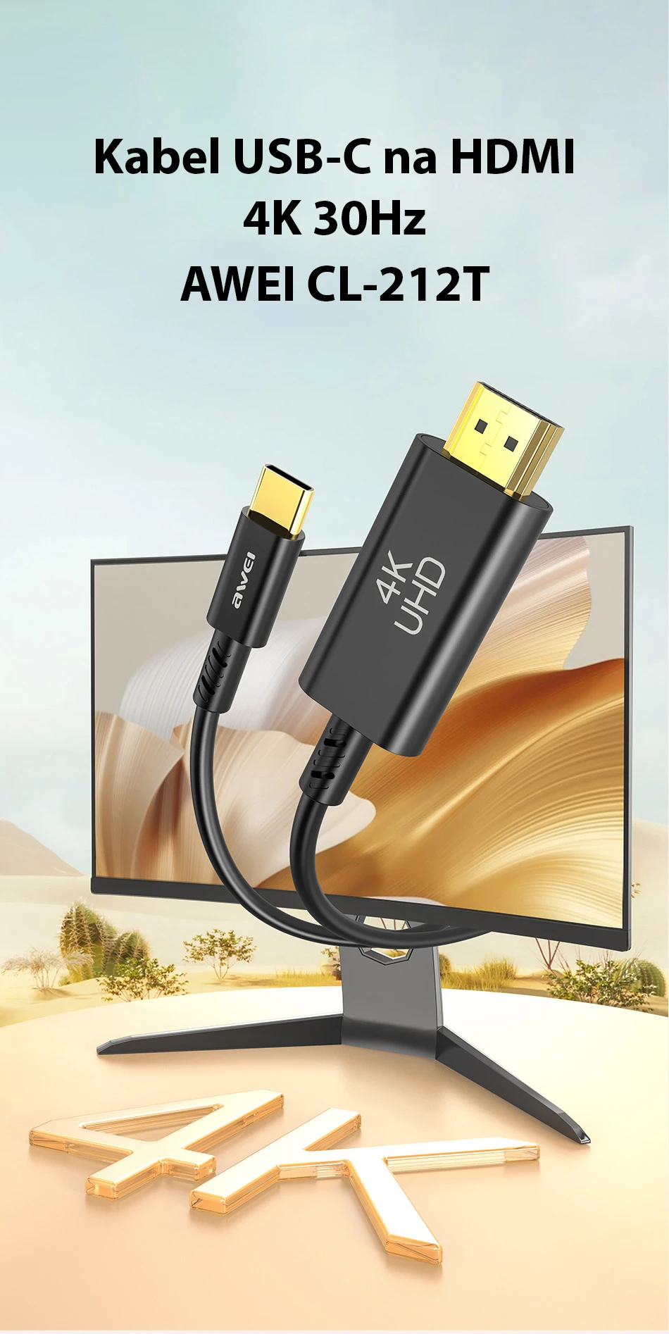AWEI kabelis CL-212T USB-C na HDMI 4K 30Hz juodos spalvos aprašymas - Prekės nuotrauka AWEI kabelis CL-212T USB-C na HDMI 4K 30Hz juodos spalvos aprašymas - Prekės nuotrauka