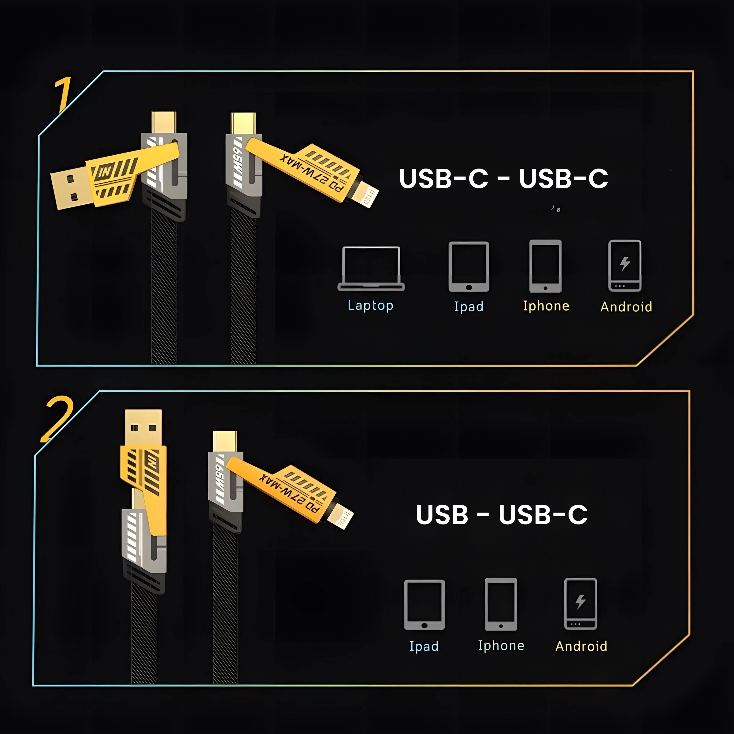 AWEI kabelis CL-226 4w1 usb-c/lightning/USB-A juodos spalvos 65W/27W aprašymas - Prekės nuotrauka