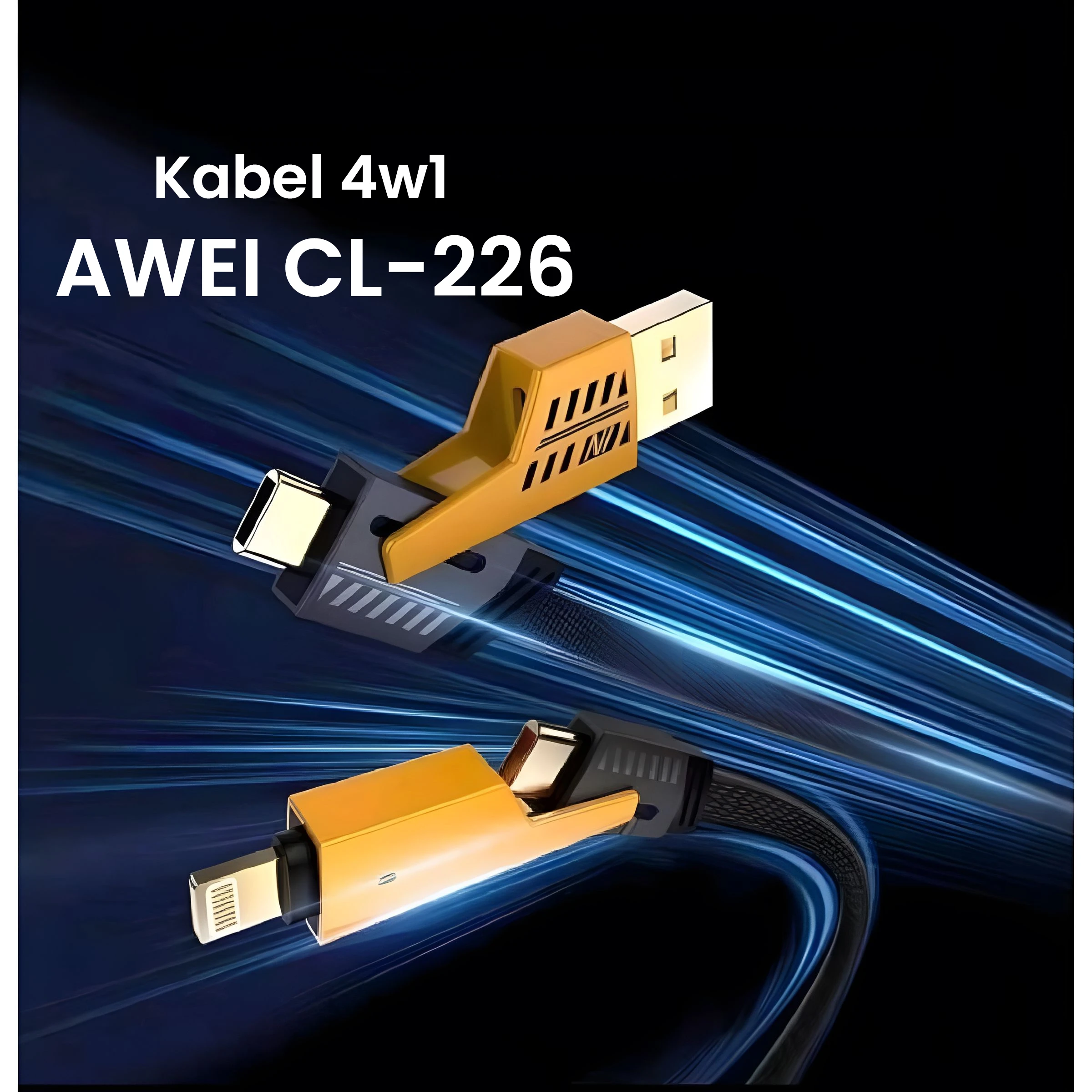AWEI kabelis CL-226 4w1 usb-c/lightning/USB-A juodos spalvos 65W/27W aprašymas - Prekės nuotrauka