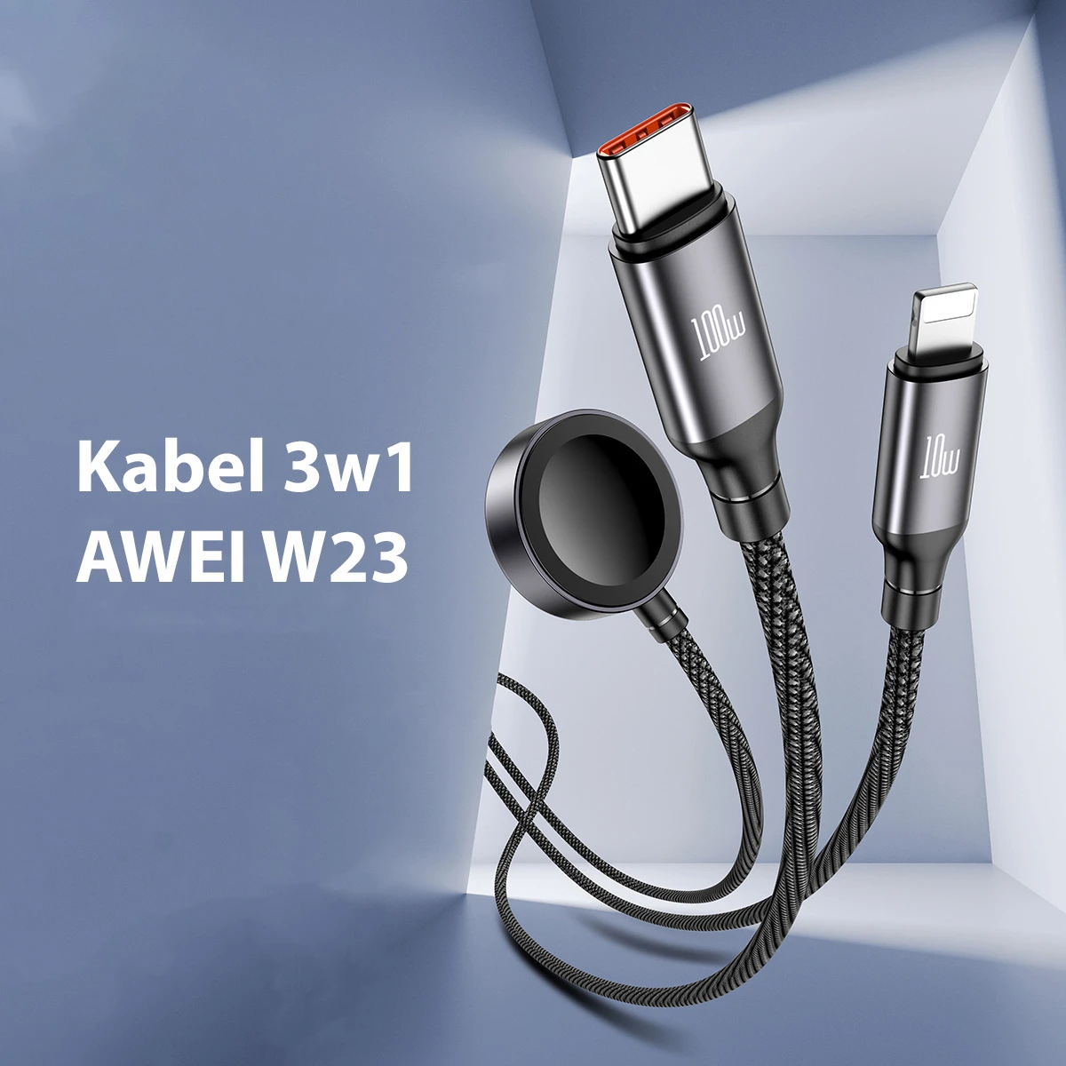 AWEI kabelis W23 3in1 usb-c/lightning/watch 100W/10W/2.5W juodos spalvos aprašymas - Prekės nuotrauka AWEI kabelis W23 3in1 usb-c/lightning/watch 100W/10W/2.5W juodos spalvos aprašymas - Prekės nuotrauka