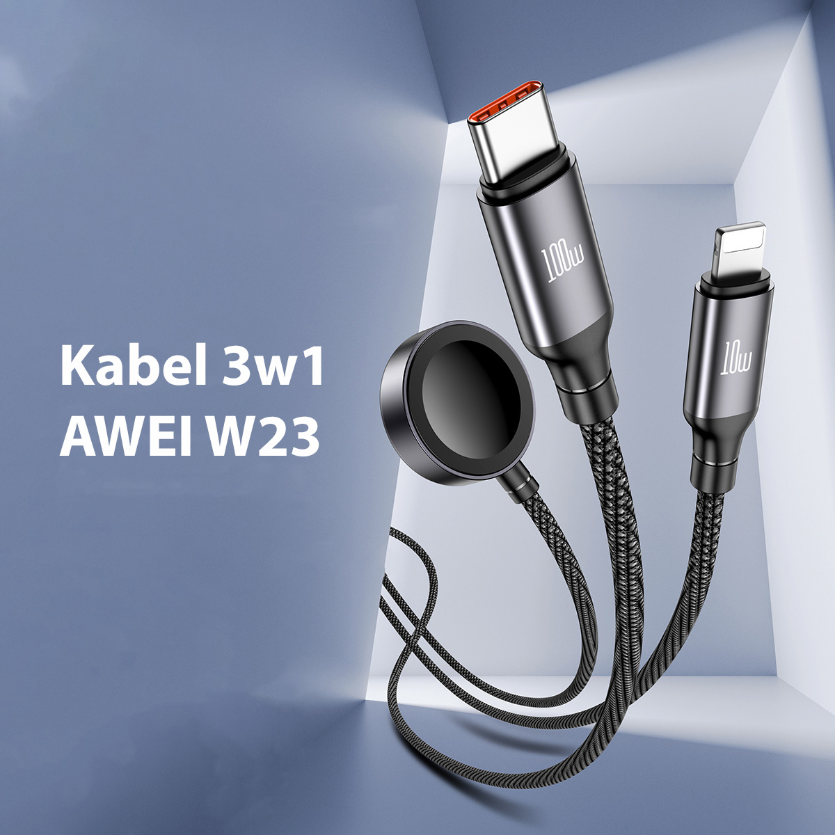 AWEI kabelis W23 3in1 usb-c/lightning/watch100W/10W/2.5W juodos spalvos aprašymas - Prekės nuotrauka