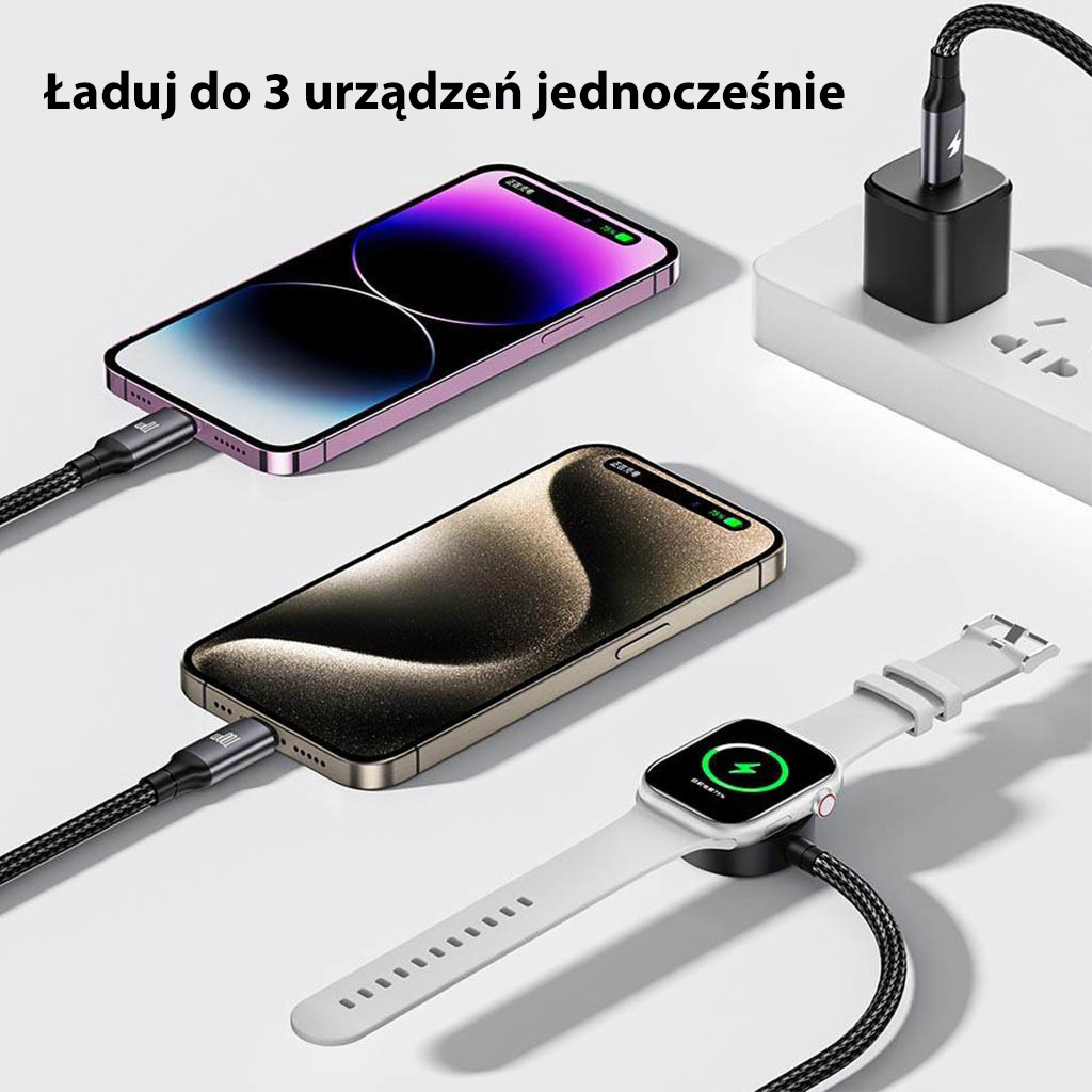 AWEI kabelis W23 3in1 usb-c/lightning/watch100W/10W/2.5W juodos spalvos aprašymas - Prekės nuotrauka