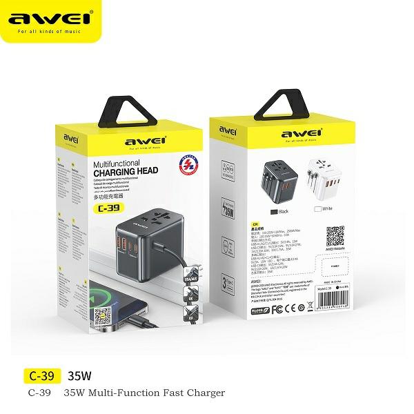 AWEI Laidinis įkroviklis 2xUSB+3xUSB-C C-39 35W4in1 US/AU/EU/UK juodos spalvos Univesal Travel GaN Charger aprašymas - Prekės nuotrauka AWEI Laidinis įkroviklis 2xUSB+3xUSB-C C-39 35W4in1 US/AU/EU/UK juodos spalvos Univesal Travel GaN Charger aprašymas - Prekės nuotrauka