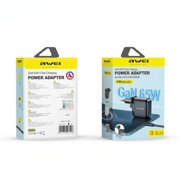 AWEI laidinis įkroviklis PD55-EU 65W USB + USB-C juodos spalvosGaN aprašymas - Prekės nuotrauka AWEI laidinis įkroviklis PD55-EU 65W USB + USB-C juodos spalvosGaN aprašymas - Prekės nuotrauka