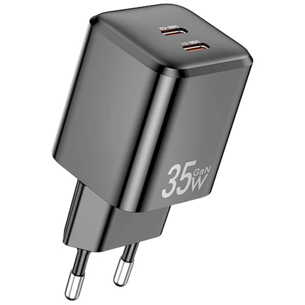 AWEI laidinis įkroviklis PD65-EU 35W 2x USB-C juodos spalvos GaN aprašymas - Prekės nuotrauka AWEI laidinis įkroviklis PD65-EU 35W 2x USB-C juodos spalvos GaN aprašymas - Prekės nuotrauka