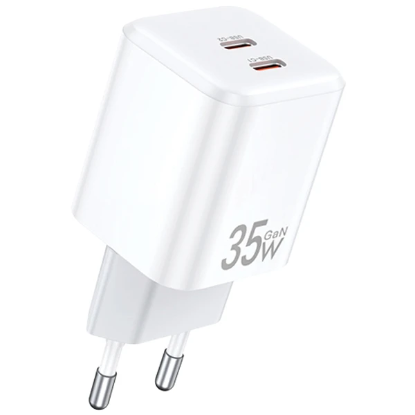 AWEI laidinis įkroviklis PD65-EU 35W 2x USB-C baltos spalvos GaN aprašymas - Prekės nuotrauka AWEI laidinis įkroviklis PD65-EU 35W 2x USB-C baltos spalvos GaN aprašymas - Prekės nuotrauka