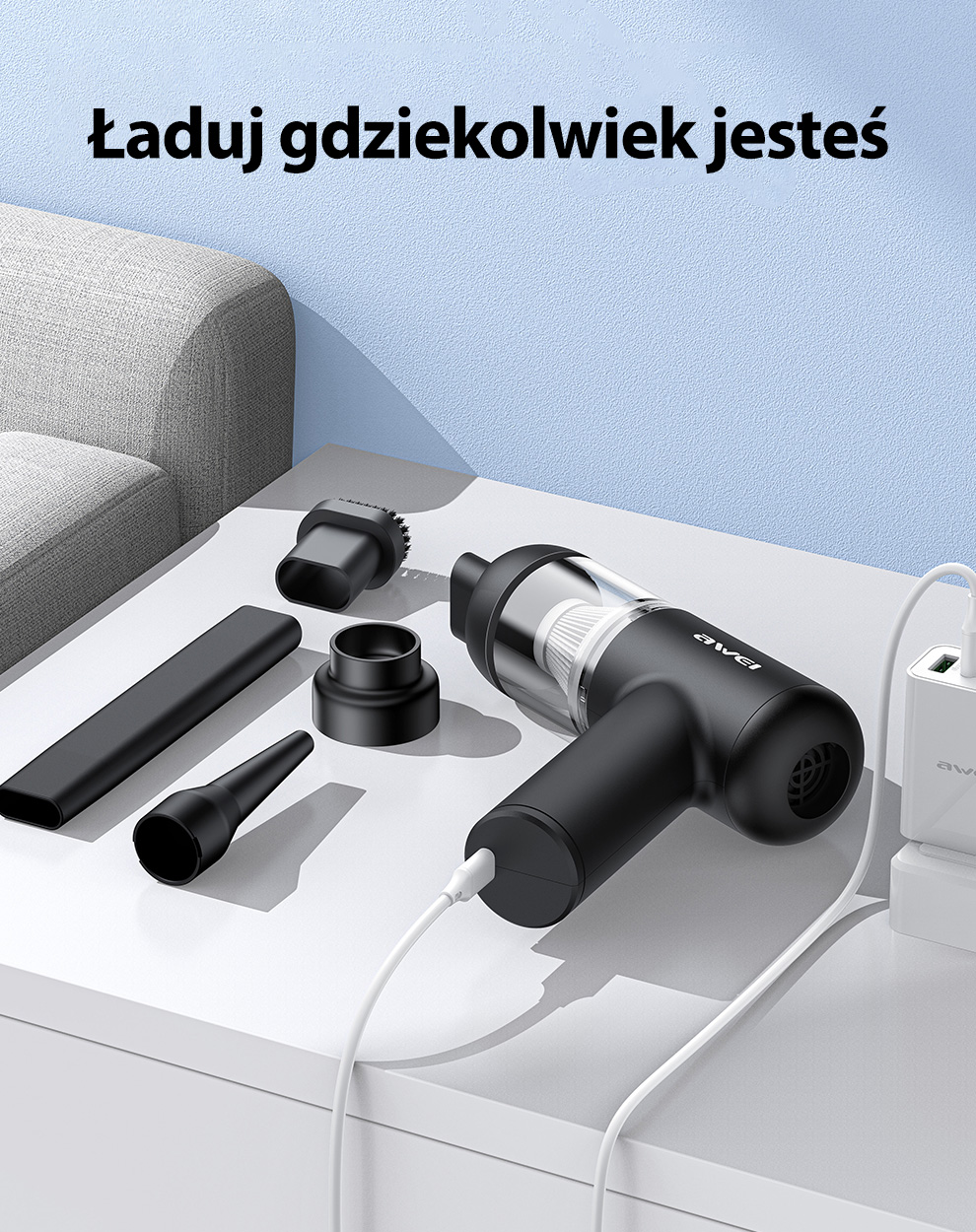 AWEI Mini nešiojamasis dulkių siurblys V2 su dulkių indikatoriumi, juodas aprašymas - Prekės nuotrauka