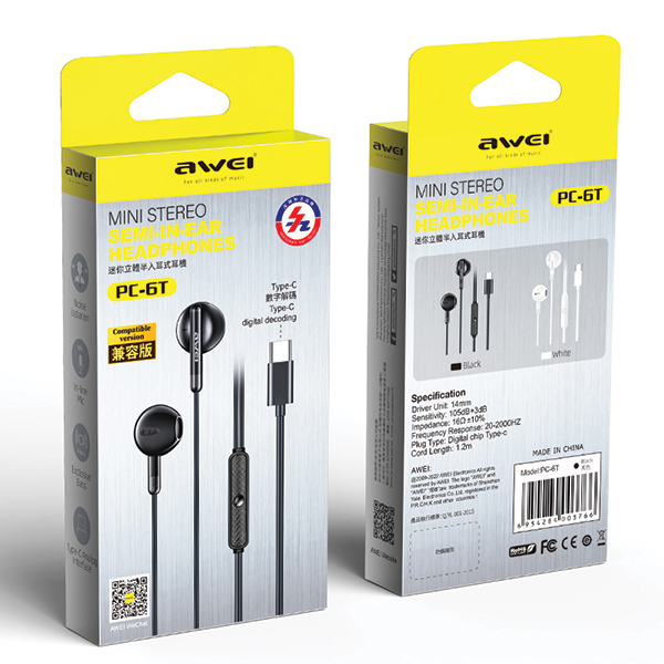 AWEI PC-6T USB-C stereofoninės ausinės, juodos spalvos aprašymas - Prekės nuotrauka