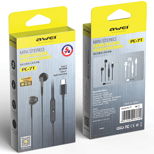 AWEI PC-7T USB-C 1.2m stereofoninės ausinės, juodos spalvos aprašymas - Prekės nuotrauka