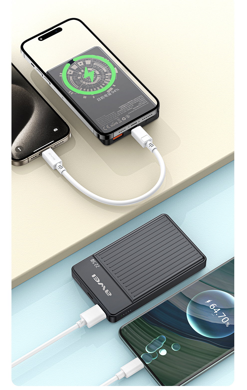 AWEI PowerBank MagSafe P33K 10000mAh 22.5W juodos spalvos aprašymas - Prekės nuotrauka