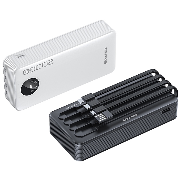 AWEI PowerBank P134K 20000mAh išorinė baterija, juodos spalvos, su ekranu + USB/PD/Lightning/MicroUSB laidais aprašymas - Prekės nuotrauka