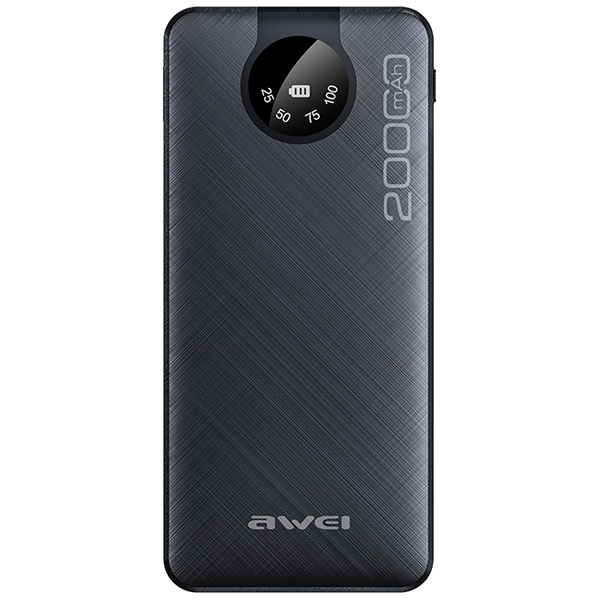 AWEI PowerBank P134K 20000mAh išorinė baterija, juodos spalvos, su ekranu + USB/PD/Lightning/MicroUSB laidais aprašymas - Prekės nuotrauka