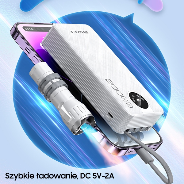 AWEI PowerBank P134K 20000mAh išorinė baterija, juodos spalvos, su ekranu + USB/PD/Lightning/MicroUSB laidais aprašymas - Prekės nuotrauka