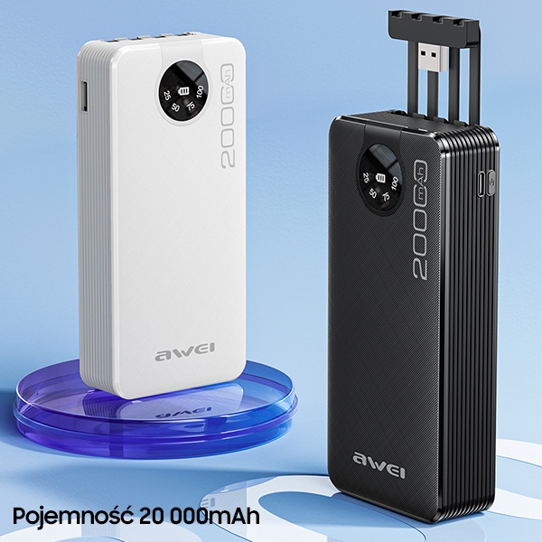 AWEI PowerBank P134K 20000mAh išorinė baterija, juodos spalvos, su ekranu + USB/PD/Lightning/MicroUSB laidais aprašymas - Prekės nuotrauka