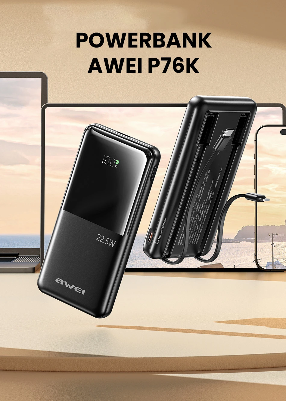 AWEI PowerBank P76K 10000mAh 22.5W juodos spalvos Digital Ekranas aprašymas - Prekės nuotrauka AWEI PowerBank P76K 10000mAh 22.5W juodos spalvos Digital Ekranas aprašymas - Prekės nuotrauka