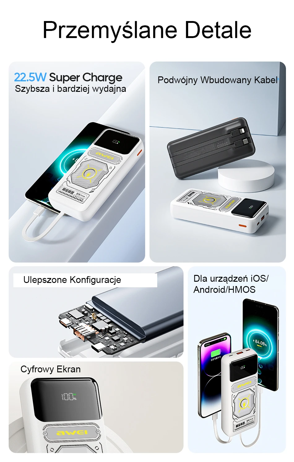 AWEI PowerBank P99K 20000mAh 22.5W juodos spalvos aprašymas - Prekės nuotrauka AWEI PowerBank P99K 20000mAh 22.5W juodos spalvos aprašymas - Prekės nuotrauka