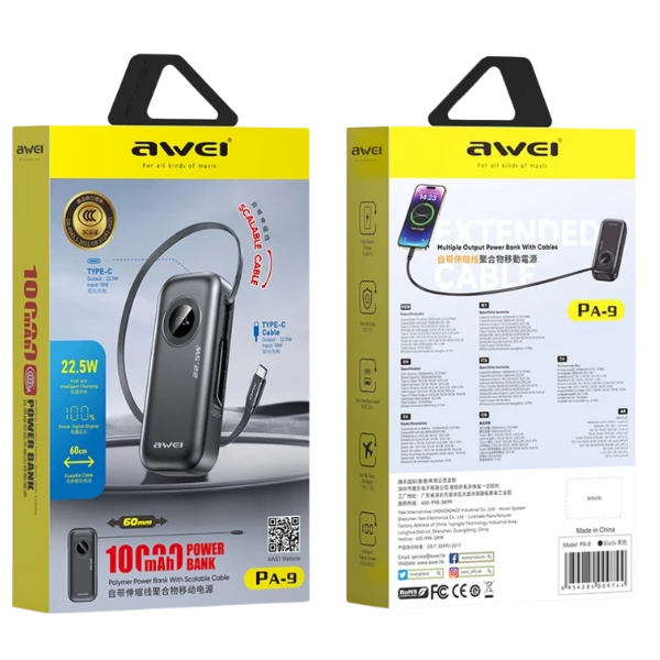 AWEI PowerBank PA-9 10000mAh 22.5W juodos spalvos aprašymas - Prekės nuotrauka AWEI PowerBank PA-9 10000mAh 22.5W juodos spalvos aprašymas - Prekės nuotrauka