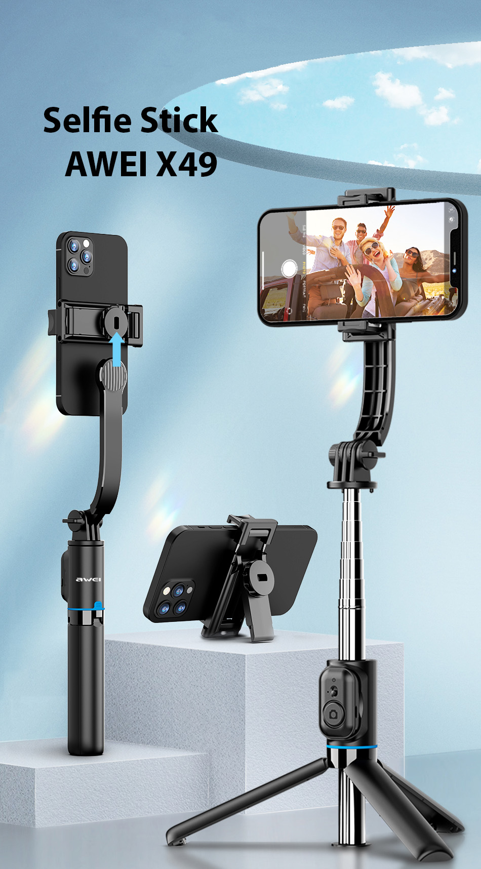 AWEI Selfie Stick X49 juodos spalvos aprašymas - Prekės nuotrauka AWEI Selfie Stick X49 juodos spalvos aprašymas - Prekės nuotrauka